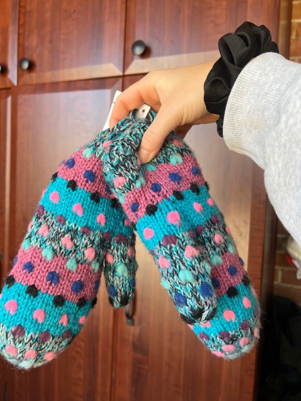 Colorblock Polka Dot Knit Mittens - Pink & Teal